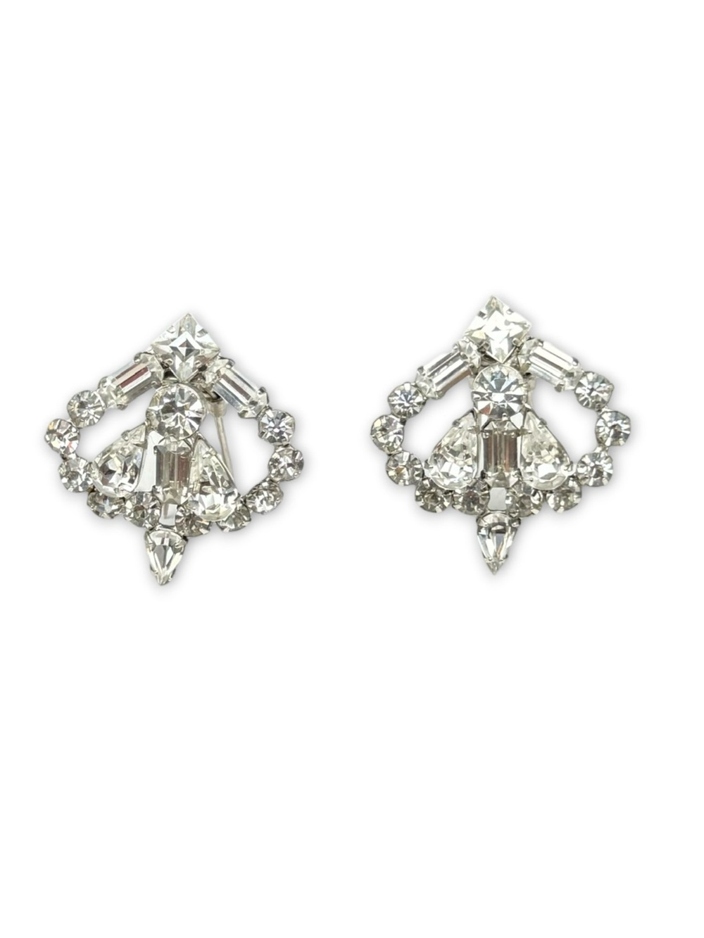 Vintage Art Deco Clear Glass Rhinestone & Rhodium Plated Fur Clips